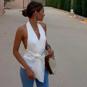 NWT Zara White Linen Halter Tie Top XS